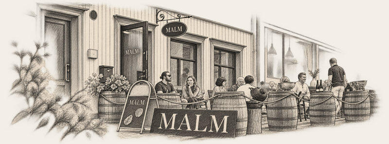 Malm Håndtegnet illustrasjon av MALMs fasade med uteservering på Torvet i Arendal